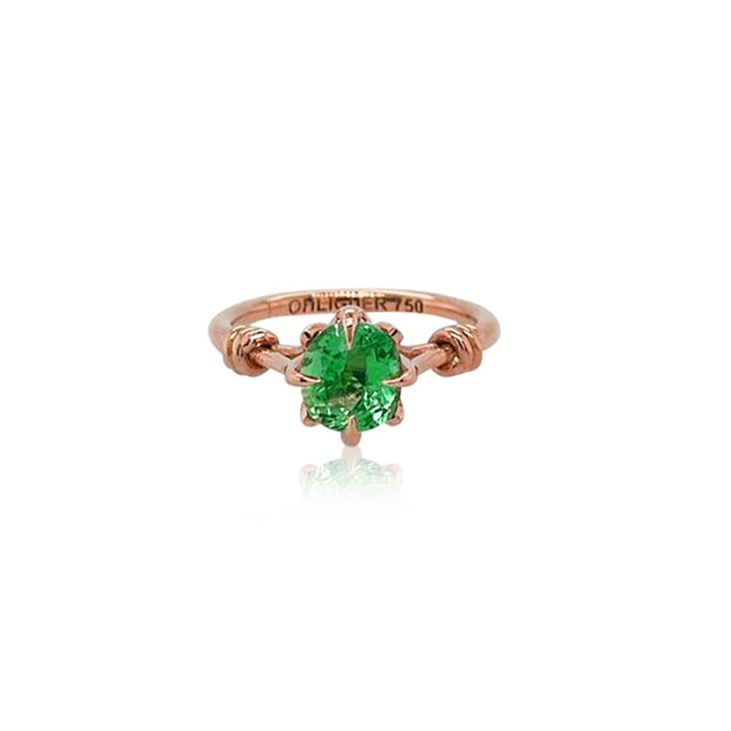 1ct Forget Me Knot Round Emerald with petals and diamonds in 18ct rose gold