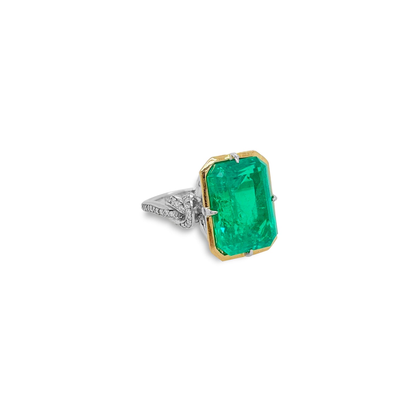 One of a Kind 8ct Forget Me Knot Emerald ring in 22ct Yellow Gold & Platinum