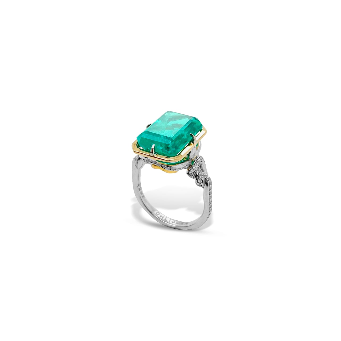 One of a Kind 8ct Forget Me Knot Emerald ring in 22ct Yellow Gold & Platinum