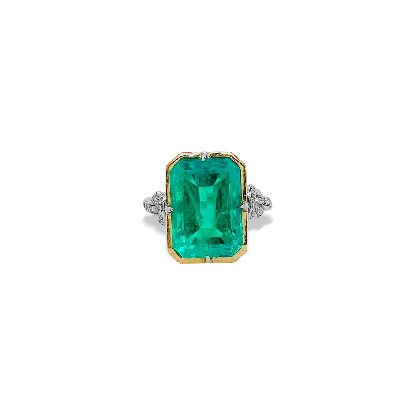 One of a Kind 8ct Forget Me Knot Emerald ring in 22ct Yellow Gold & Platinum