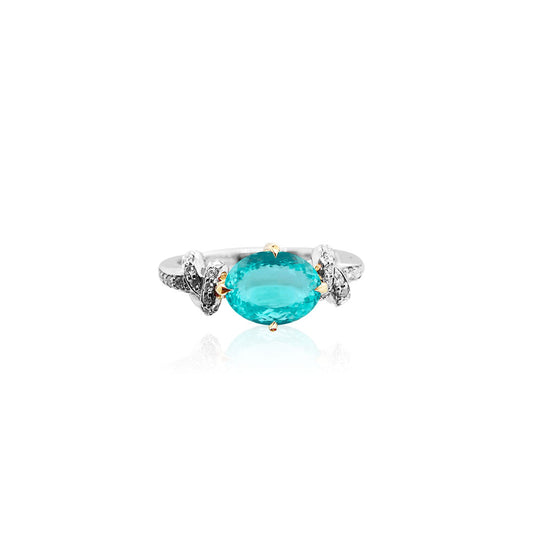 Forget Me Knot Paraiba Tourmaline ring with Diamonds in 18ct Yellow Gold and Platinum