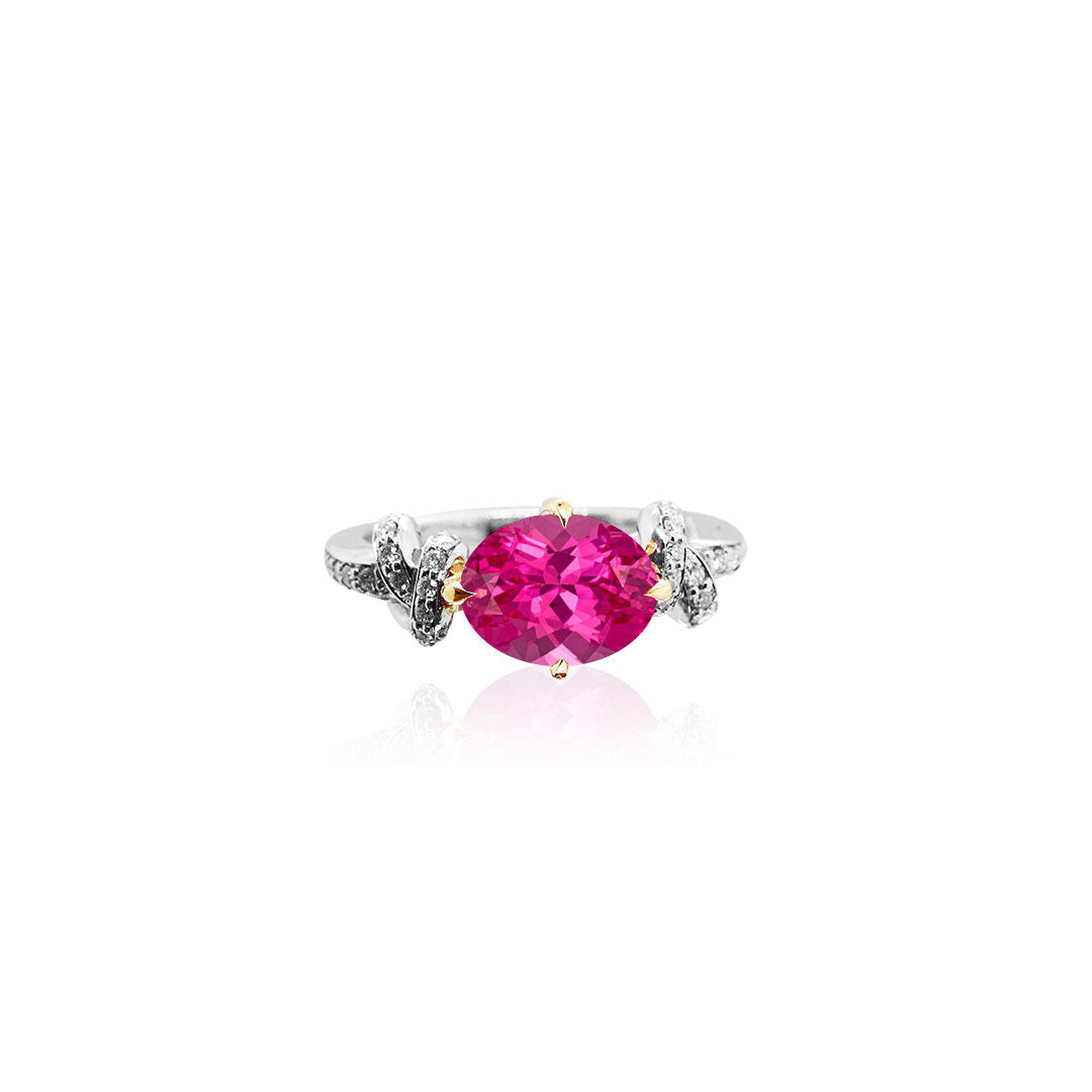 One of a Kind Forget Me Knot Pink Spinel ring with Diamonds in 18ct Yellow Gold and Platinum