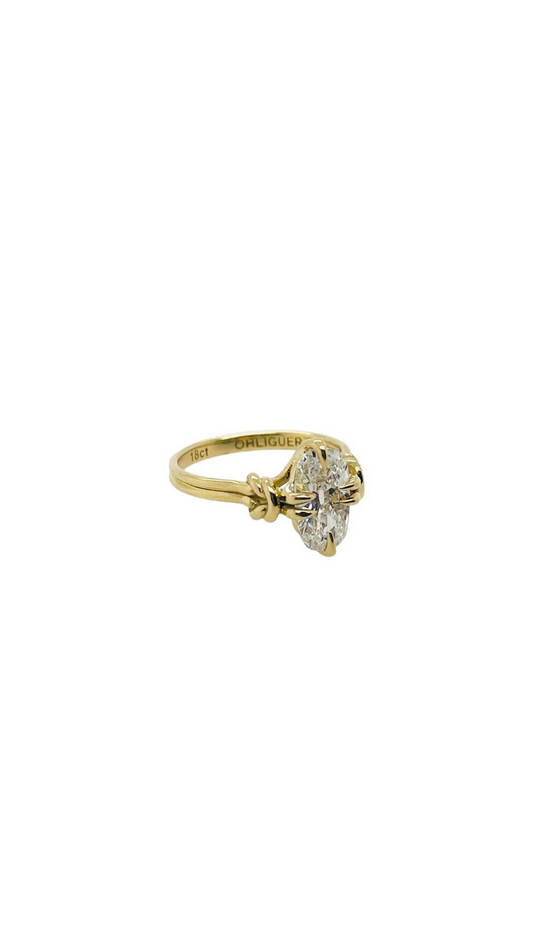 Old Mine cut Diamond Reef Knot ring in 18ct Yellow Gold