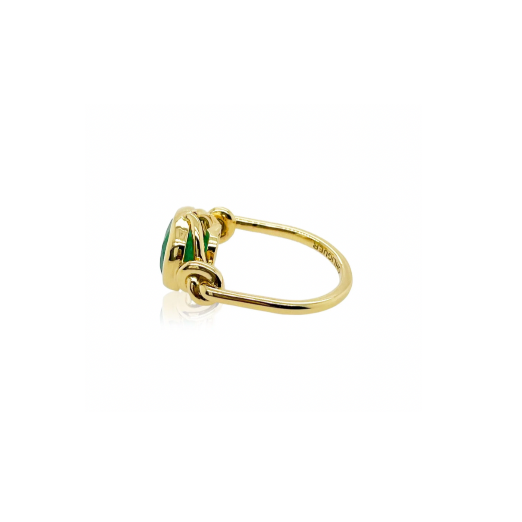 3ct Forget Me Knot ring with Cushion Cut Emerald in 18ct yellow gold
