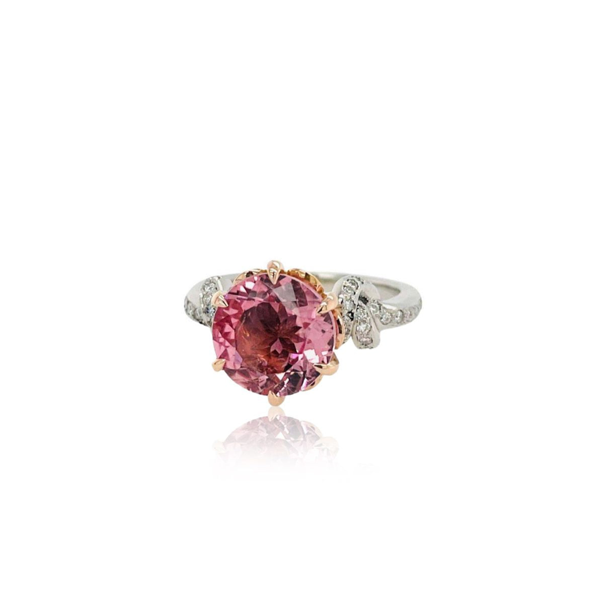 Forget Me Knot Ring with 3ct Round Pink Tourmaline in 18ct Rose Gold and Platinum