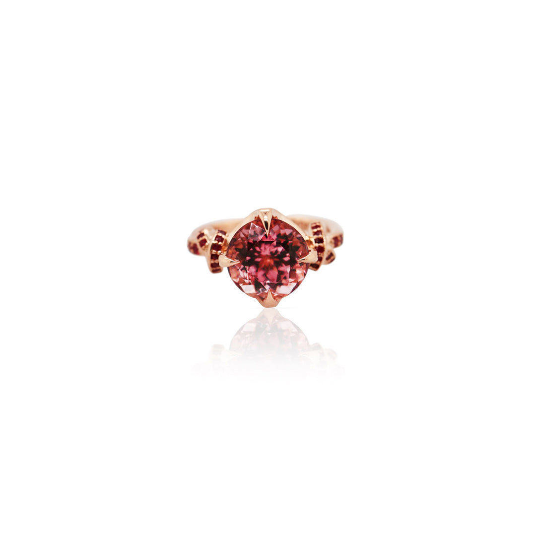 3ct Forget Me Knot ring with Round Pink Tourmaline and Rubies in 18ct rose gold