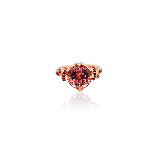 Forget Me Knot ring with Round Pink Tourmaline and Rubies in 18ct rose gold