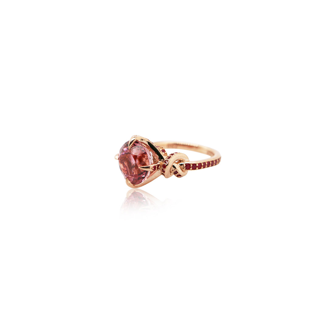 3ct Forget Me Knot ring with Round Pink Tourmaline and Rubies in 18ct rose gold