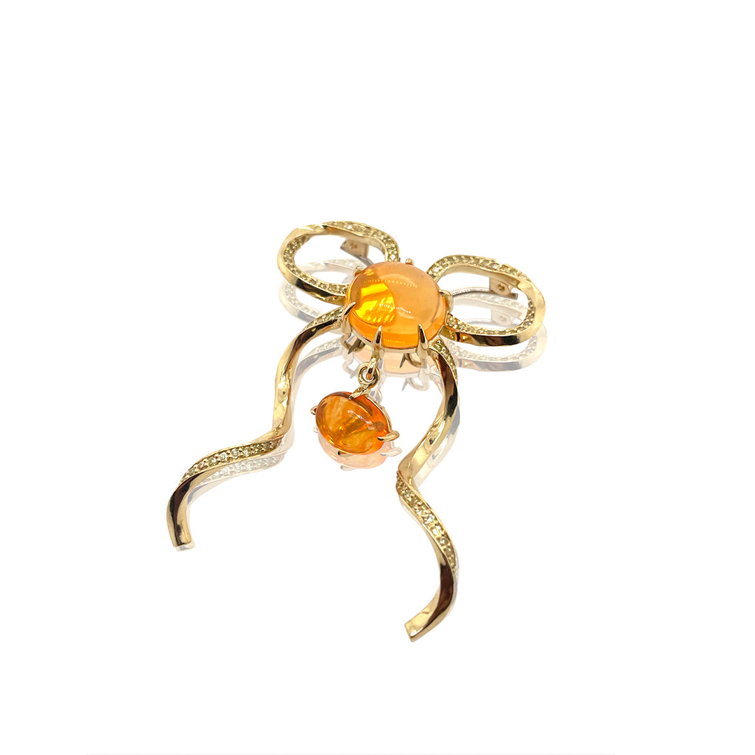 One of Kind Knot Brooch Bow Pendant with Fire Opal and Yellow Diamonds