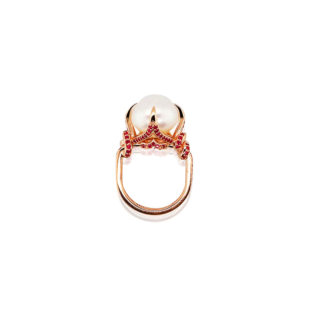 South Sea Pearl & Ruby Forget Me Knot Ring in 18ct Rose gold