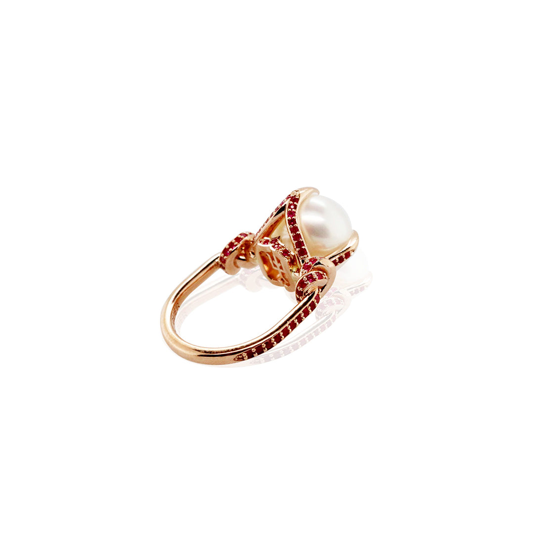 South Sea Pearl & Ruby Forget Me Knot Ring in 18ct Rose gold