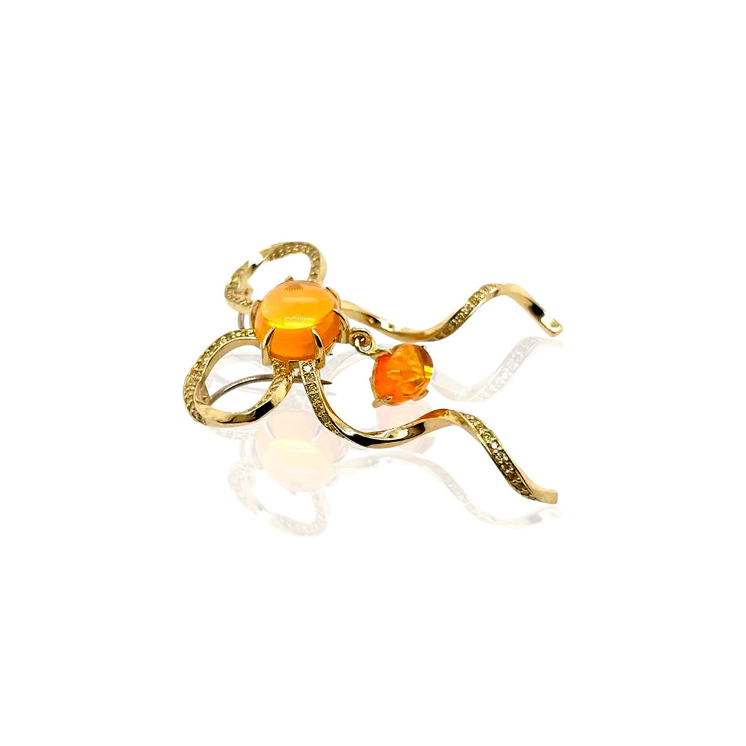 One of Kind Knot Brooch Bow Pendant with Fire Opal and Yellow Diamonds