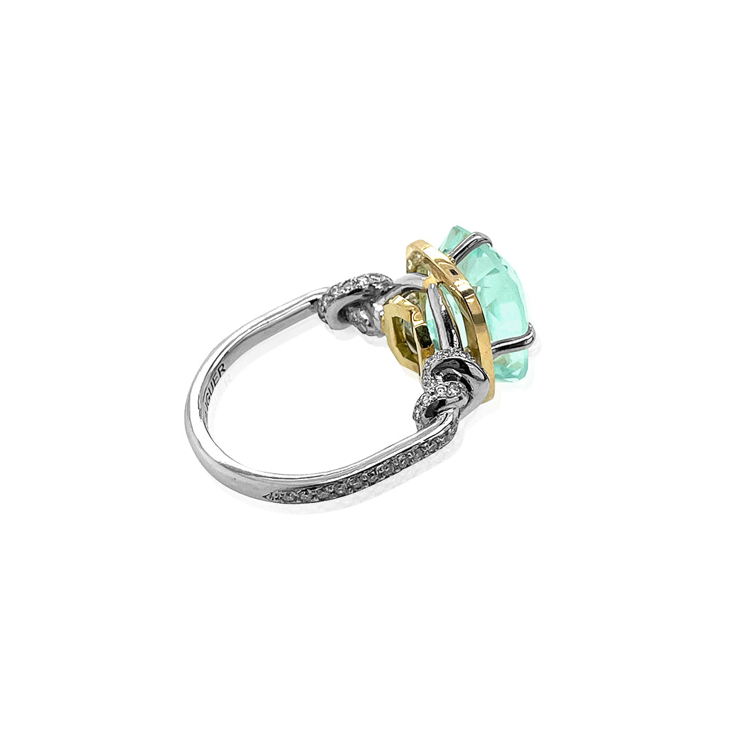 Forget Me Knot 5ct Aquamarine and Diamond ring in platinum and 18ct yellow gold