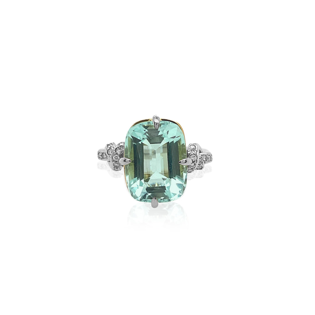 Forget Me Knot 5ct Aquamarine and Diamond ring in platinum and 18ct yellow gold