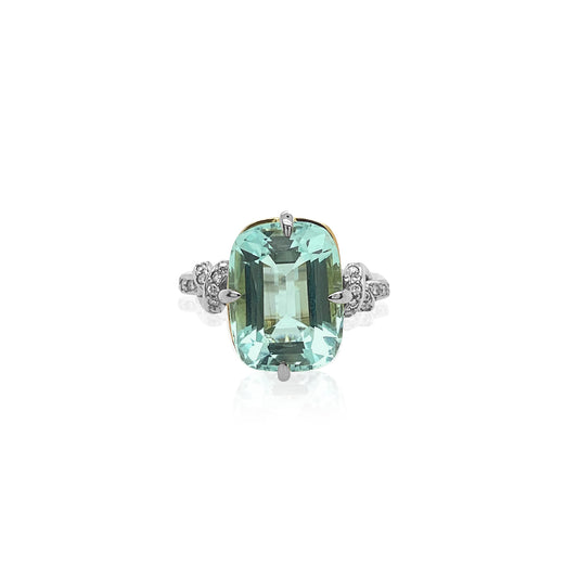 Forget Me Knot 5ct Aquamarine and Diamond ring in platinum and 18ct yellow gold