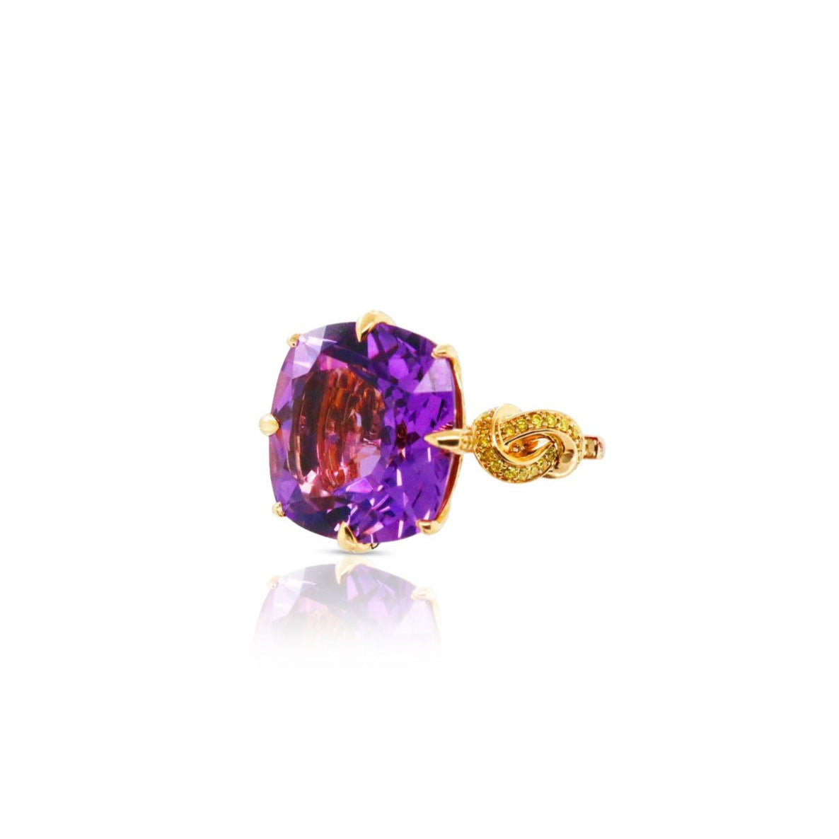 Forget Me Knot Amethyst and Yellow Diamond ring in 18ct Yellow Gold