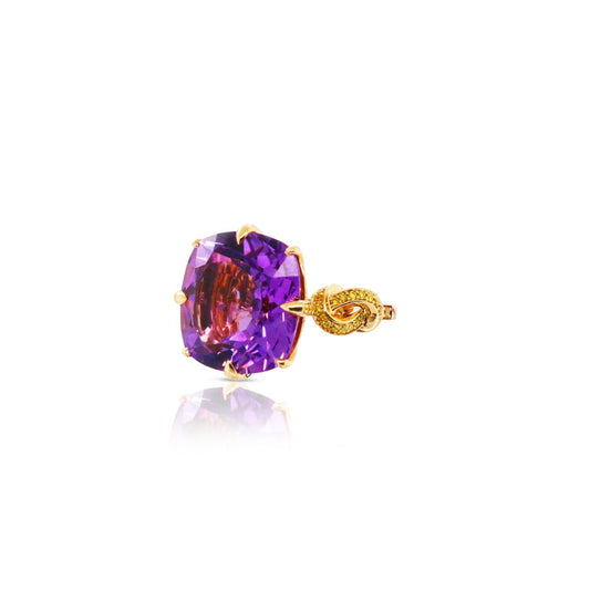 Forget Me Knot Amethyst and Yellow Diamond ring in 18ct Yellow Gold