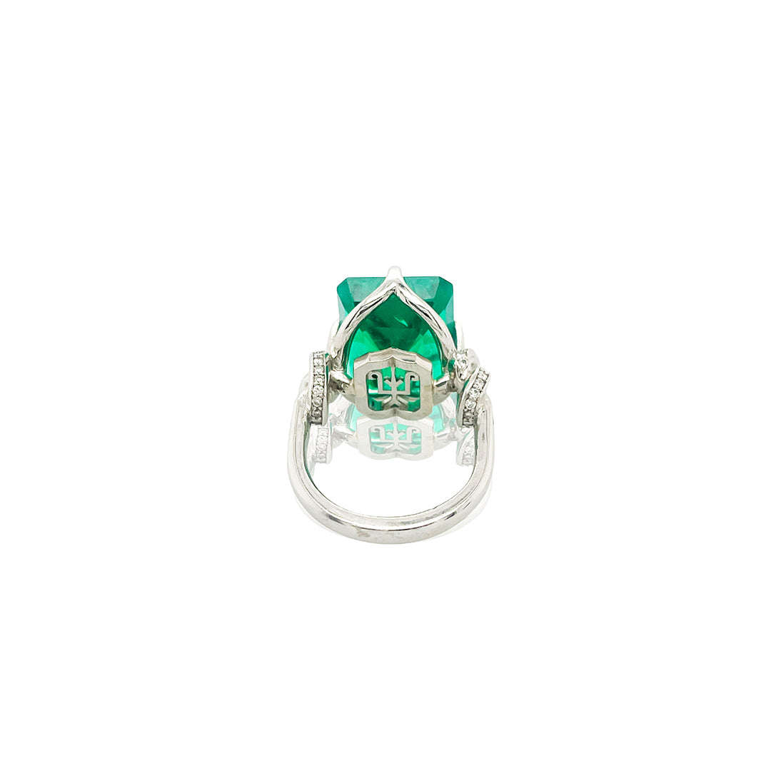 One of a Kind 8ct Forget Me Knot Emerald ring with Diamonds in Platinum