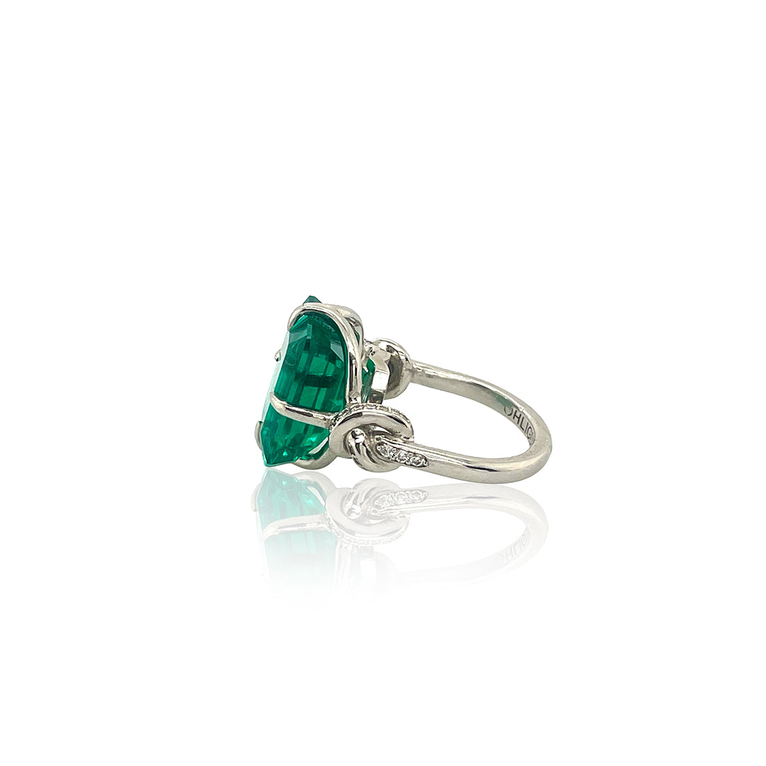 One of a Kind 8ct Forget Me Knot Emerald ring with Diamonds in Platinum