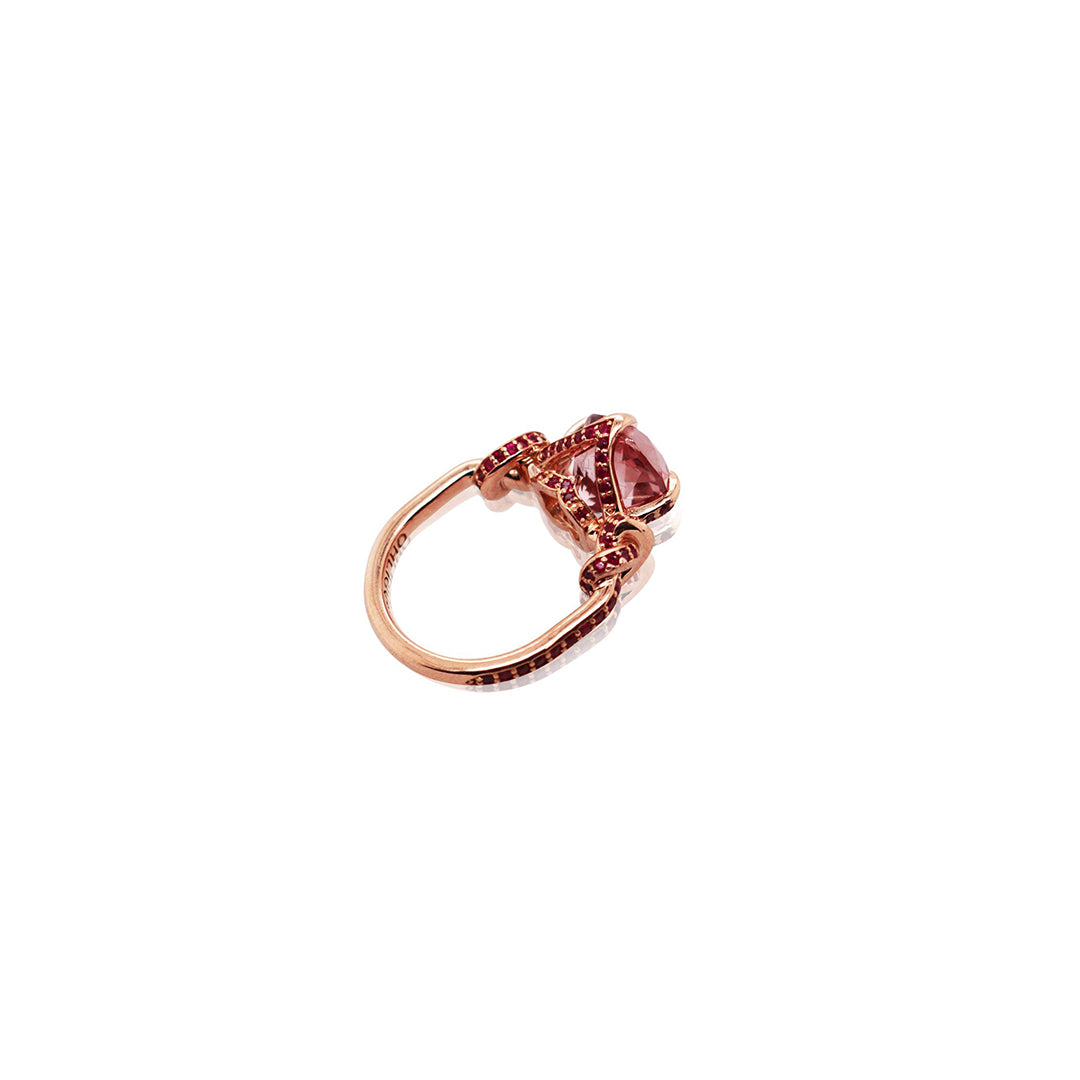 3ct Forget Me Knot ring with Round Pink Tourmaline and Rubies in 18ct rose gold