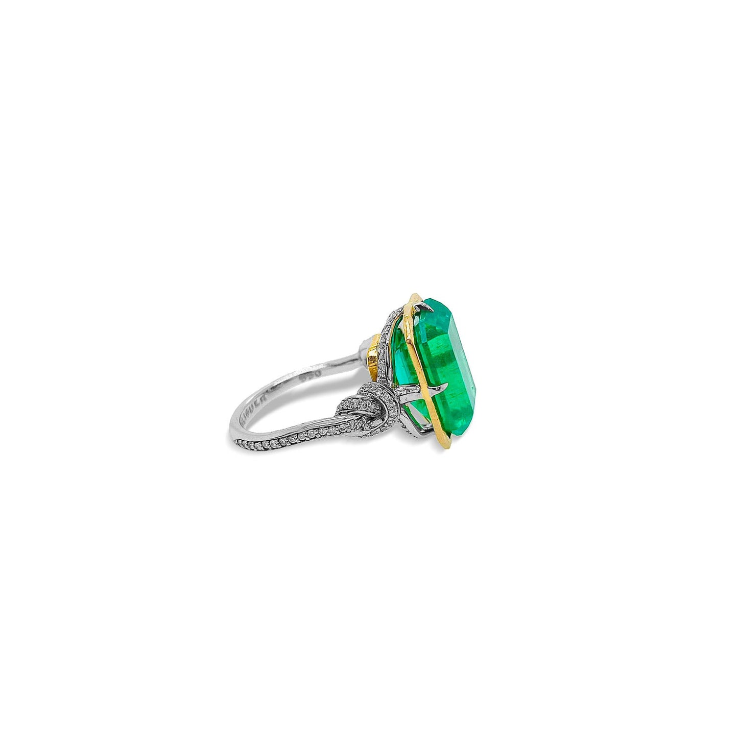 One of a Kind 8ct Forget Me Knot Emerald ring in 22ct Yellow Gold & Platinum