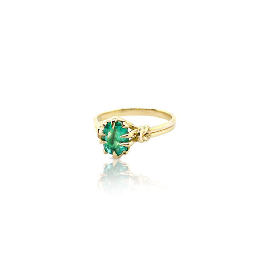 Oval Cut Emerald in  Reef Knot ring in 18ct Yellow Gold