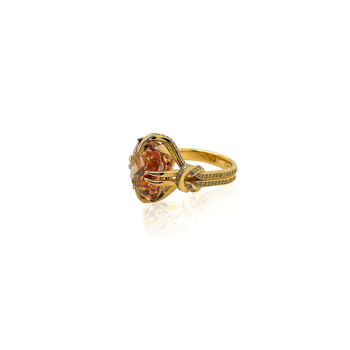 One of a Kind Reef Knot and Peach Tourmaline ring in 18ct Yellow Gold
