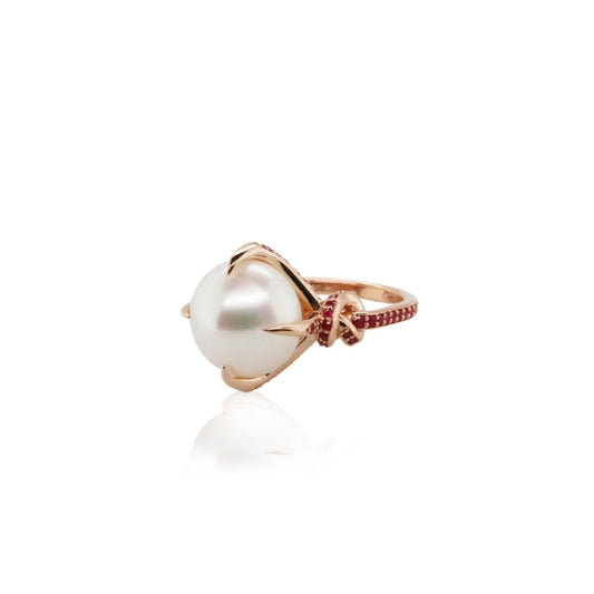 South Sea Pearl & Ruby Forget Me Knot Ring in 18ct Rose gold