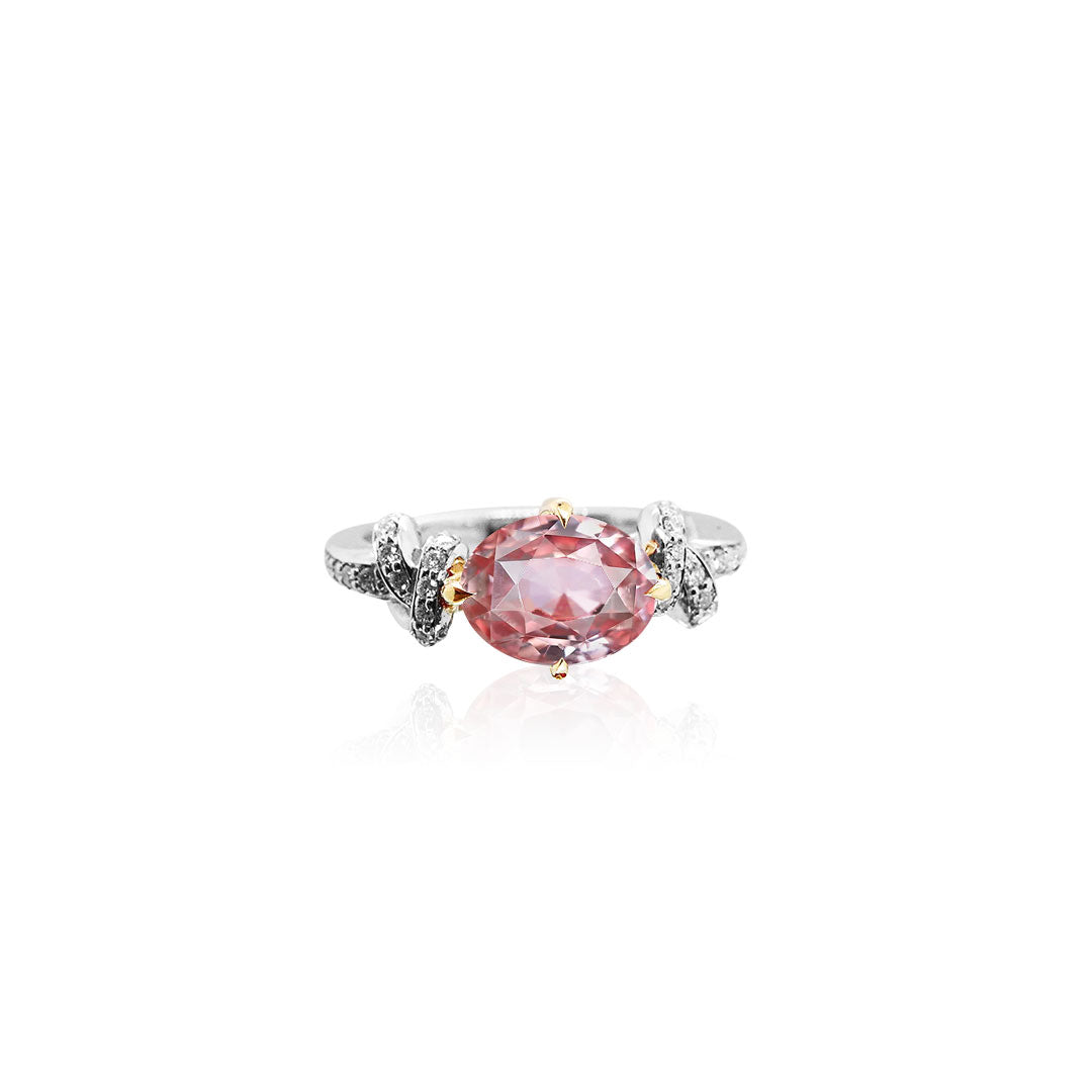 One of a Kind Forget Me Knot Padparadscha Sapphire ring with Diamonds in 18ct Yellow Gold and Platinum