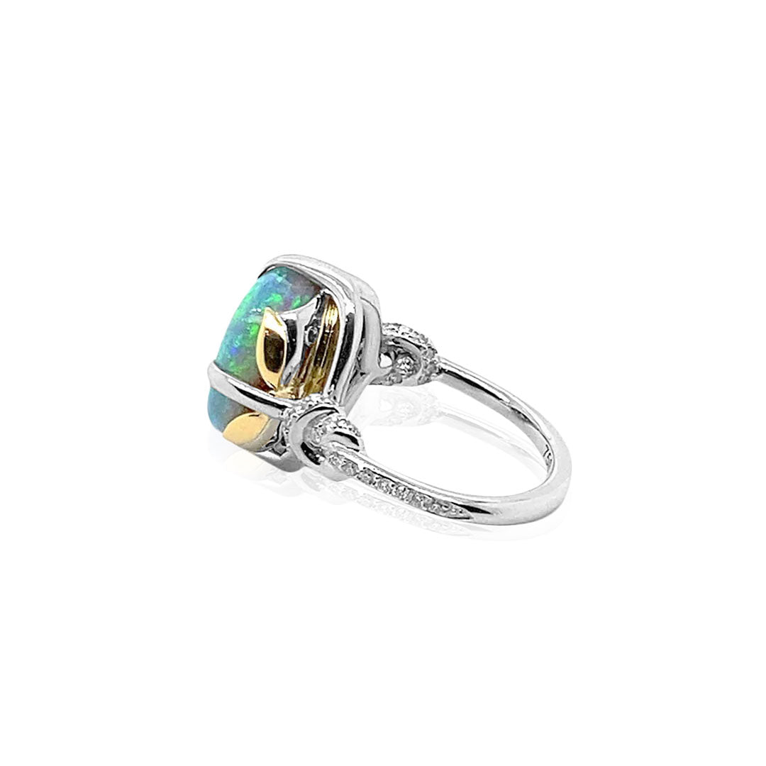 One of a Kind Galactic Forget Me Knot in Australian Black Opal Ring with diamonds