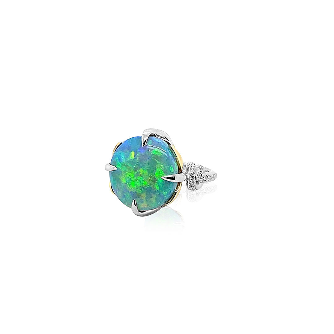 One of a Kind Galactic Forget Me Knot in Australian Black Opal Ring with diamonds