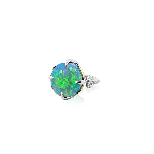 Galactic Forget Me Knot in Australian Black Opal Ring with diamonds
