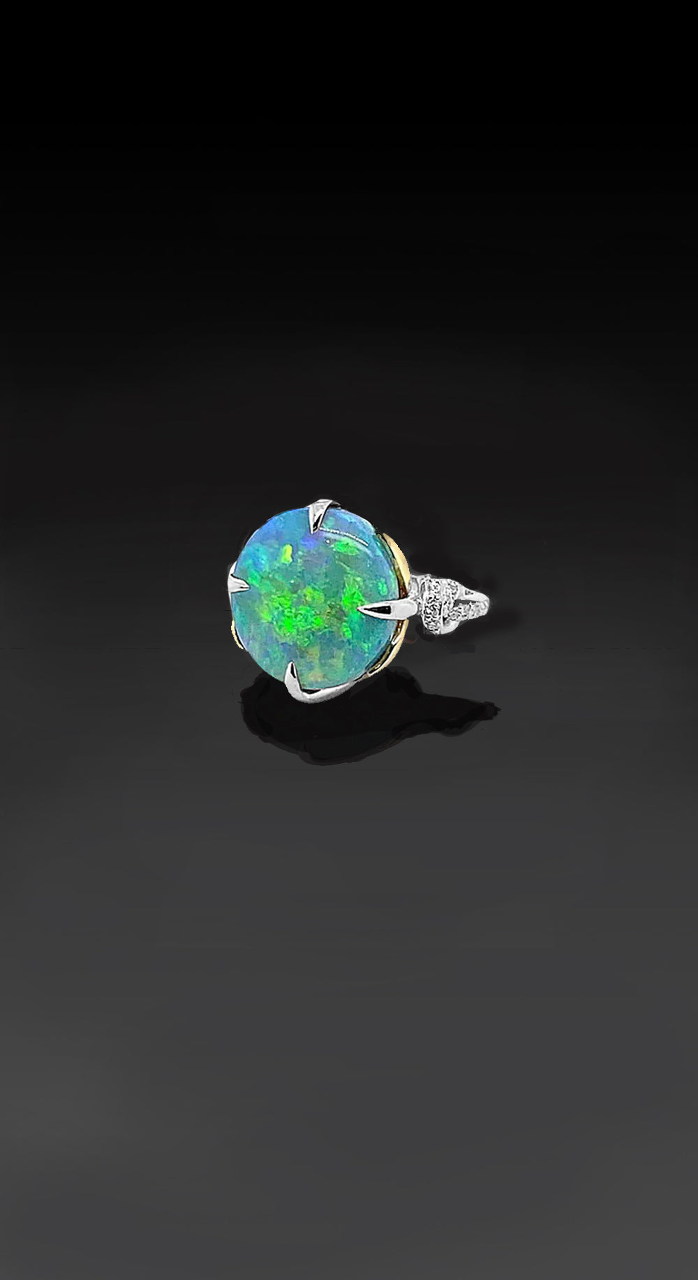 One of a Kind Galactic Forget Me Knot in Australian Black Opal Ring with diamonds