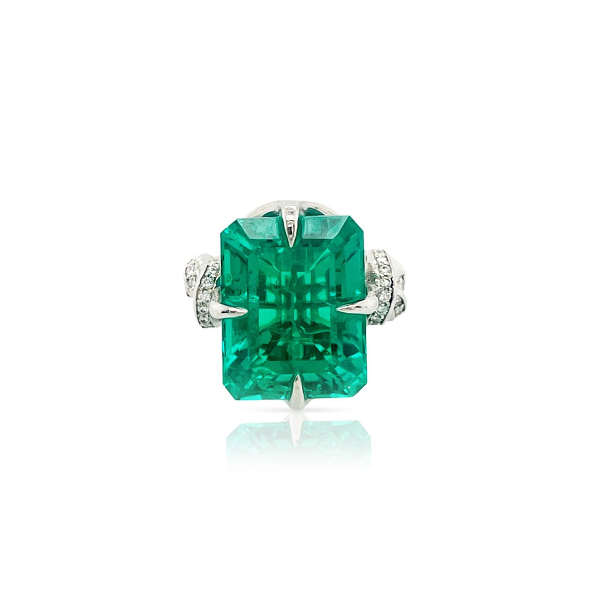 One of a Kind 8ct Forget Me Knot Emerald ring with Diamonds in Platinum