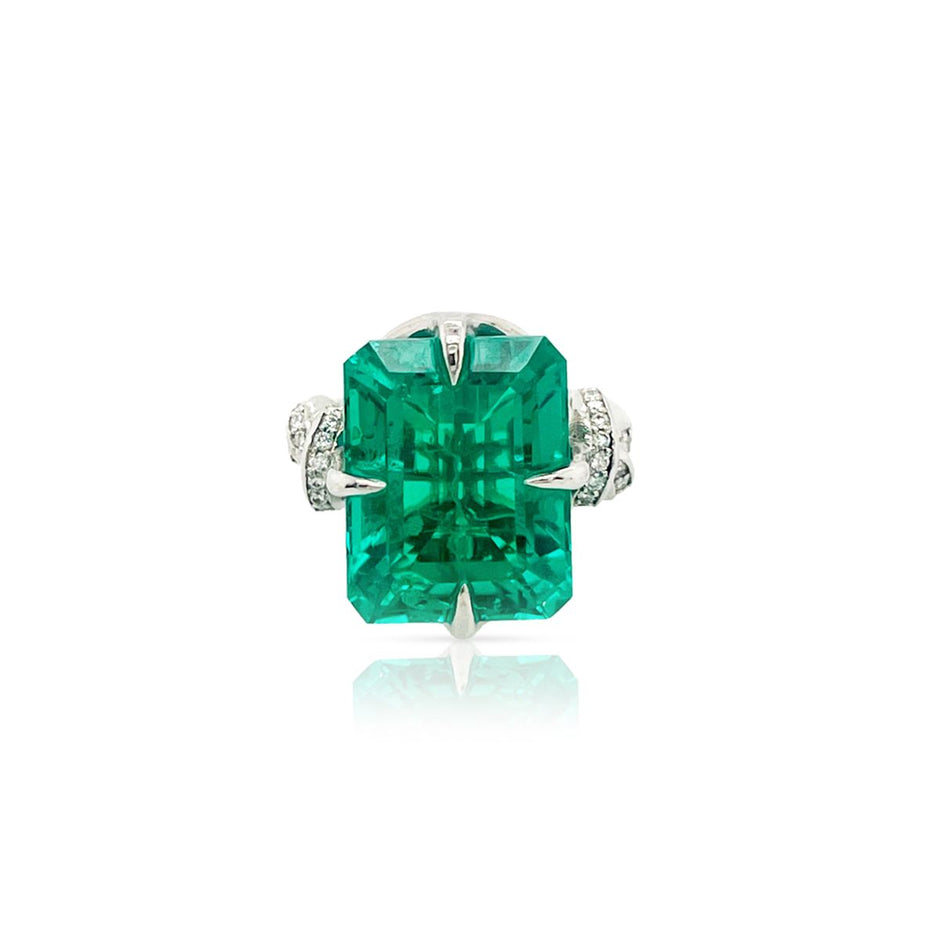 One of a Kind 8ct Forget Me Knot Emerald ring with Diamonds in Platinum