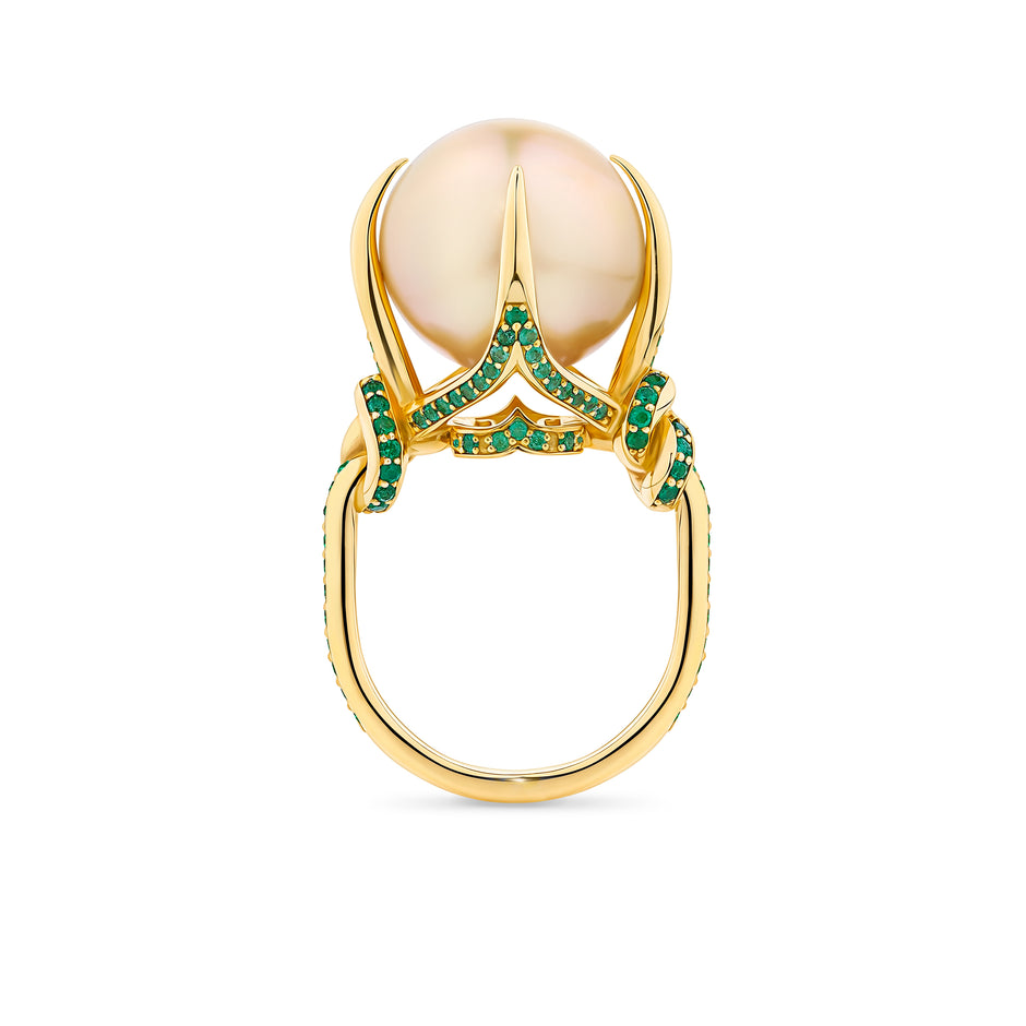 One of a Kind Golden South Sea Pearl & Emerald Forget Me Knot Ring in 18ct Yellow gold