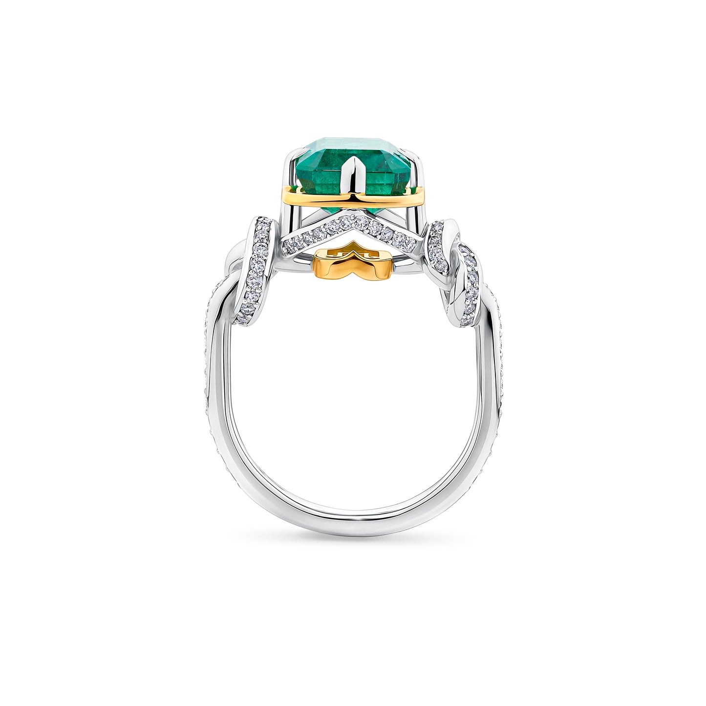One of a Kind 4ct Emerald Forget Me Knot Emerald Cut ring in 22ct Yellow Gold & Platinum