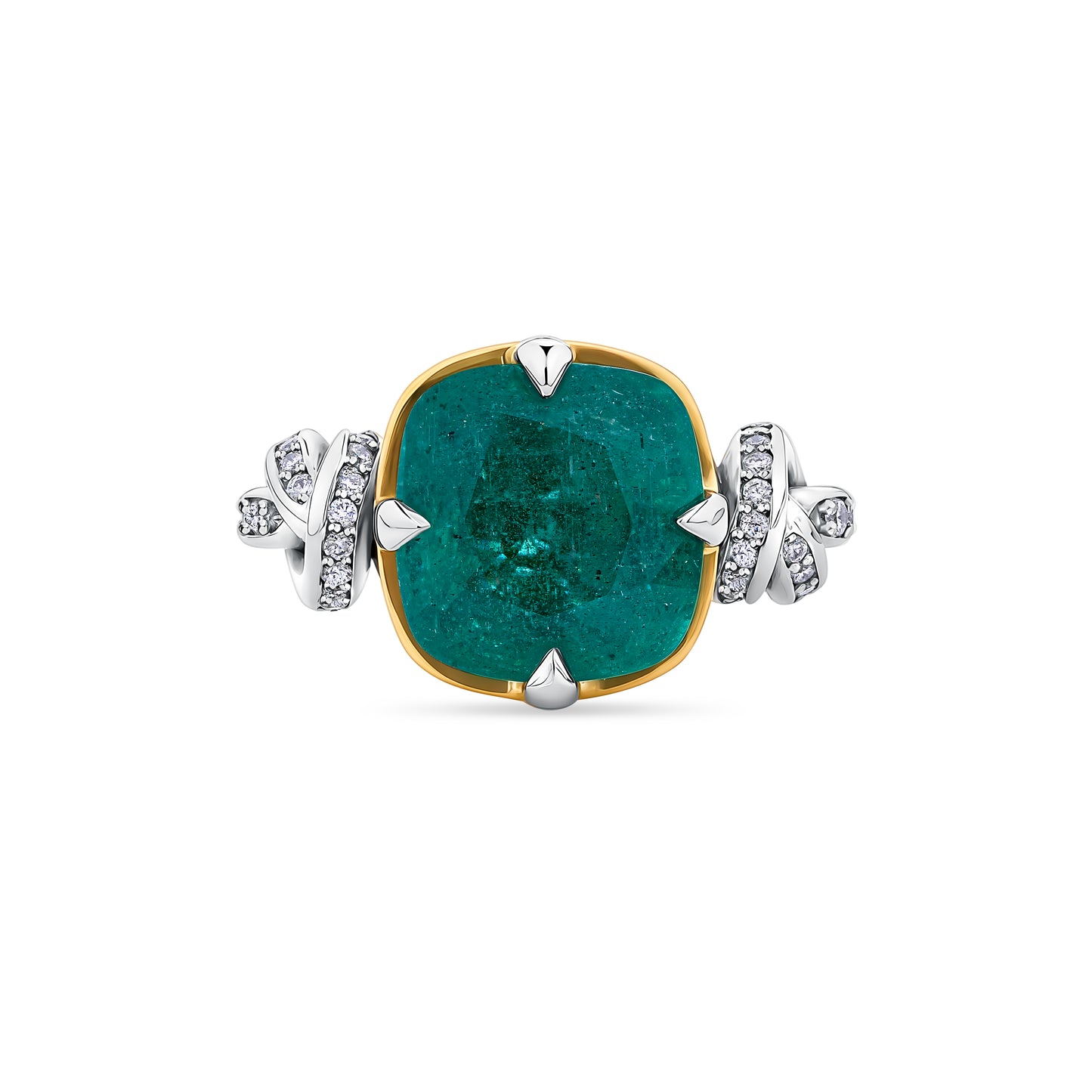 One of a Kind 4.96ct Emerald Forget Me Knot Cushion Cut ring in 22ct Yellow Gold & Platinum