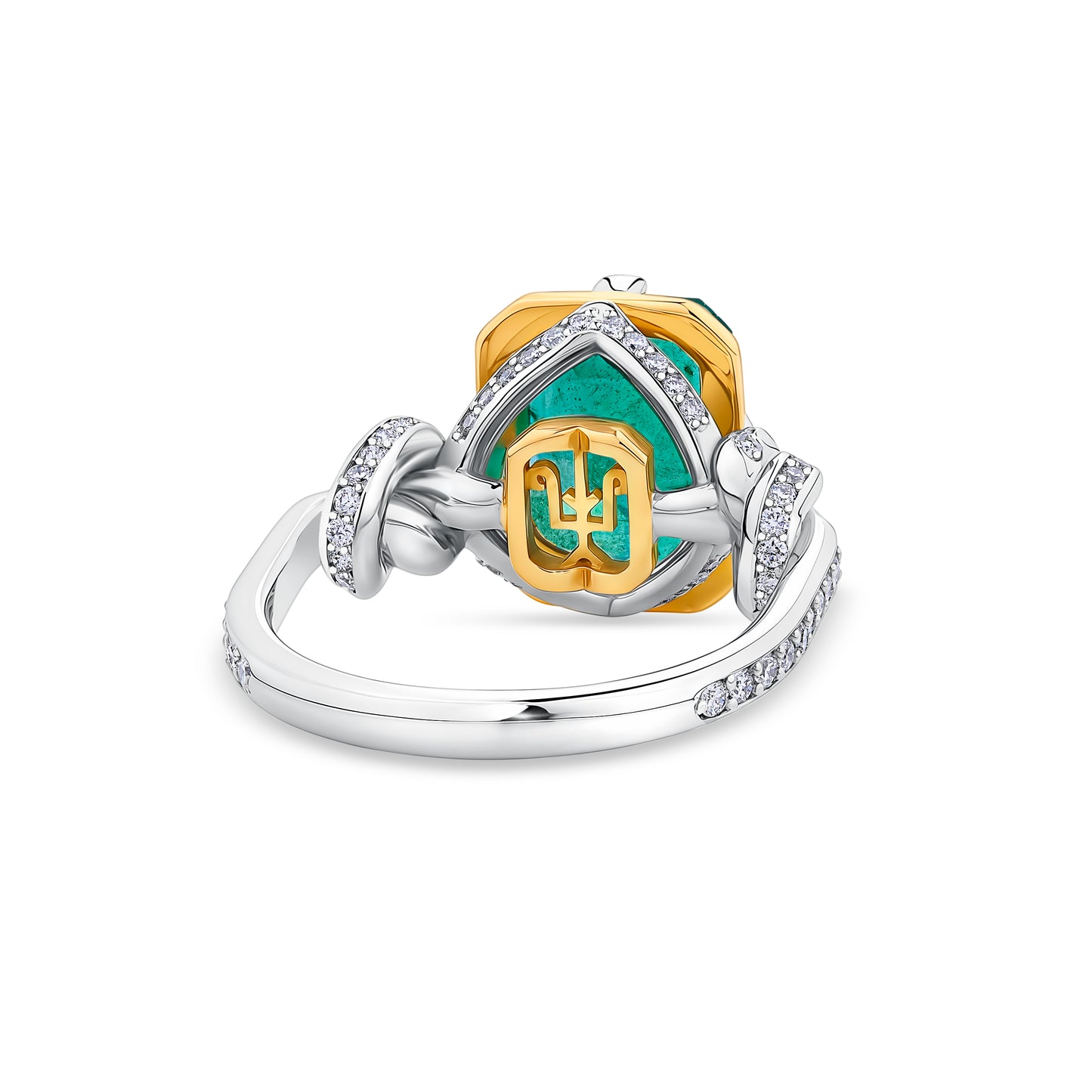 One of a Kind 4ct Emerald Forget Me Knot Emerald Cut ring in 22ct Yellow Gold & Platinum
