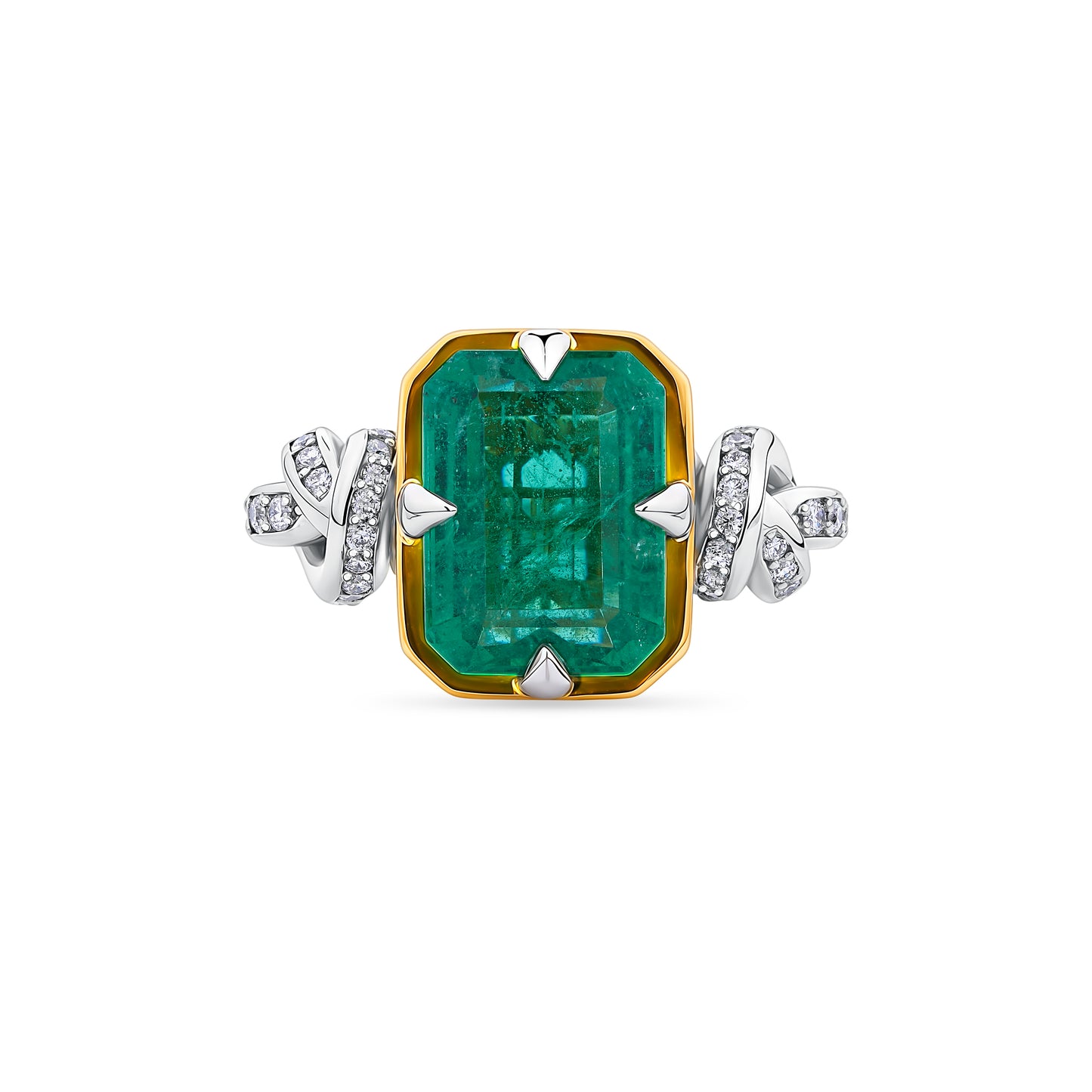 One of a Kind 4ct Emerald Forget Me Knot Emerald Cut ring in 22ct Yellow Gold & Platinum