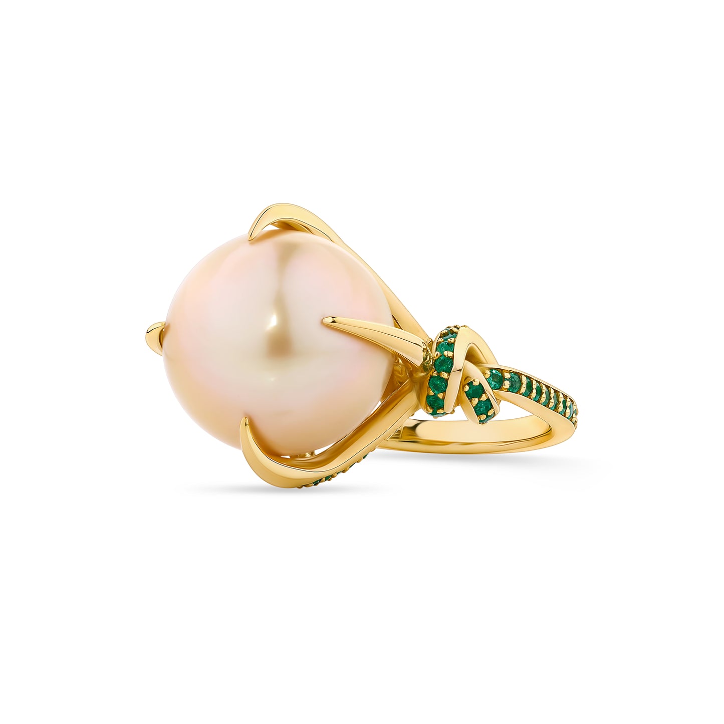 One of a Kind Golden South Sea Pearl & Emerald Forget Me Knot Ring in 18ct Yellow gold