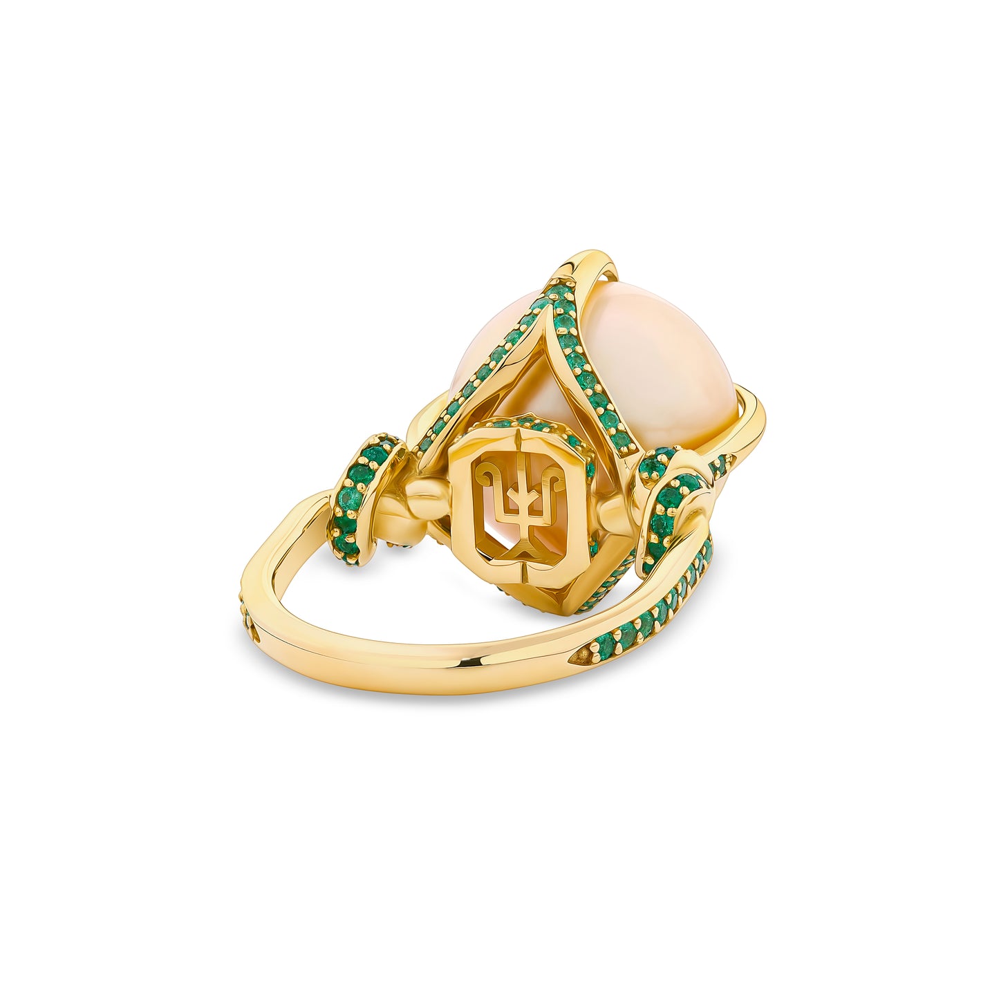 One of a Kind Golden South Sea Pearl & Emerald Forget Me Knot Ring in 18ct Yellow gold