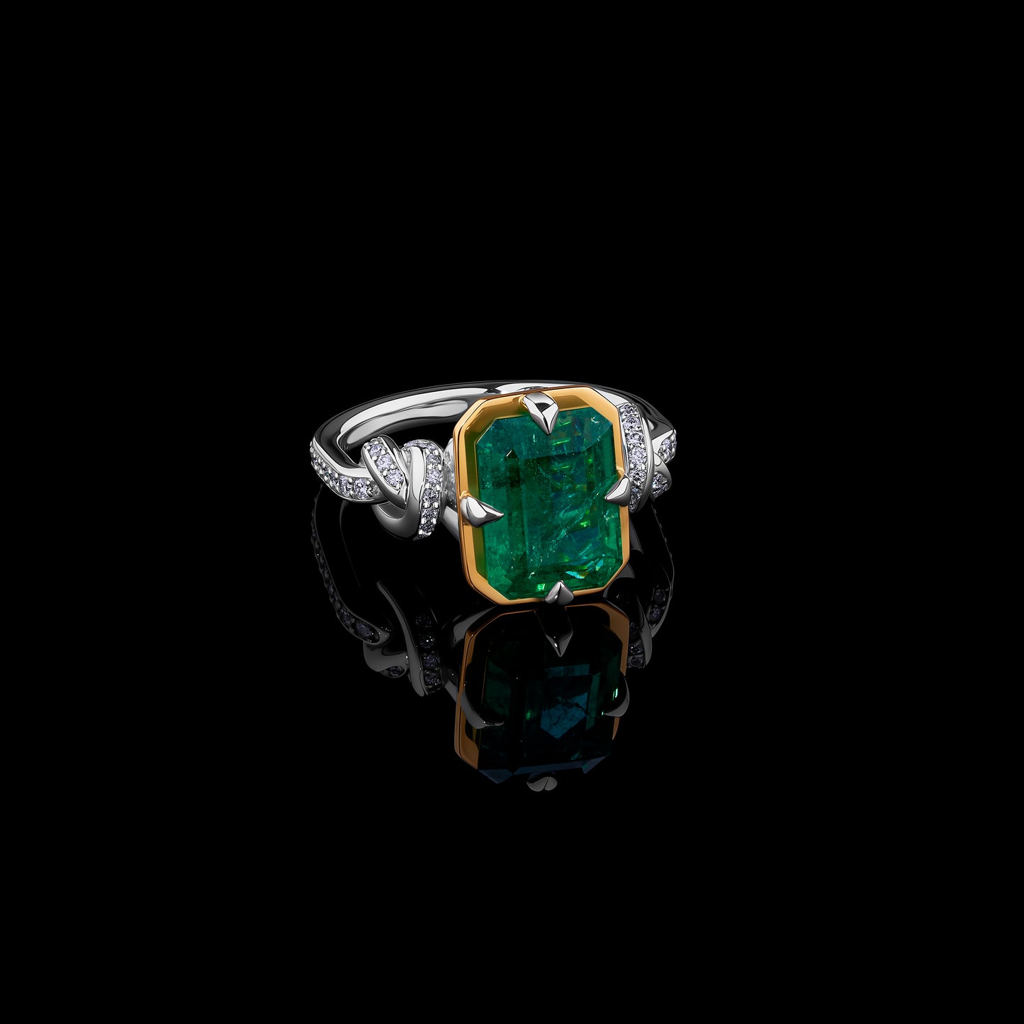 One of a Kind 4ct Emerald Forget Me Knot Emerald Cut ring in 22ct Yellow Gold & Platinum