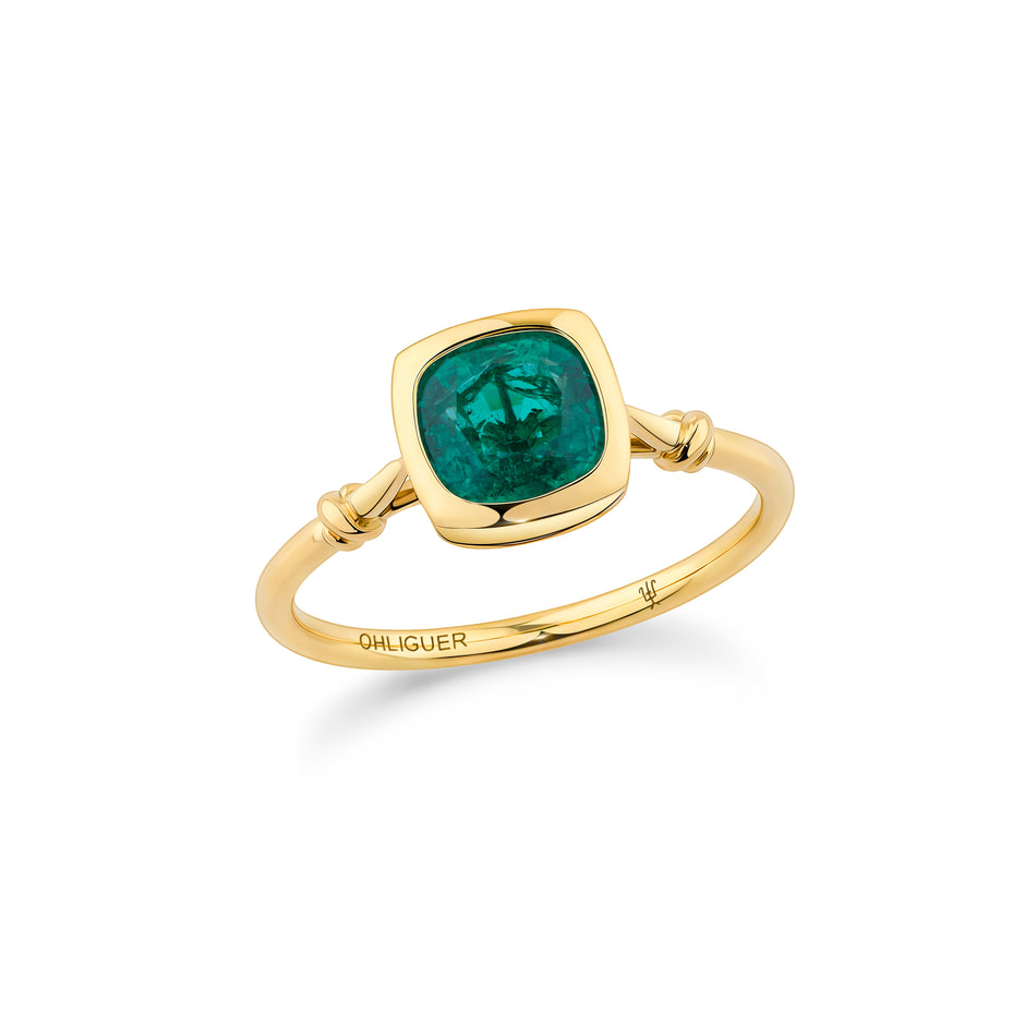 2.15ct Bezel Set Emerald Knot ring in 18ct yellow gold