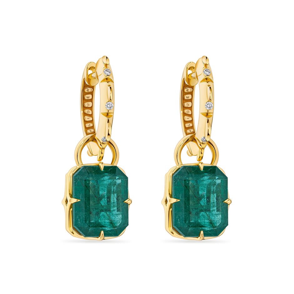 4ct Emerald Drop Earrings with Croc Tail huggies in 18ct yellow gold