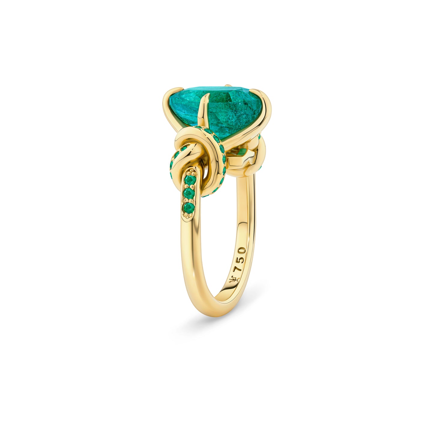 One of a Kind Oval Cut Emerald Forget Me Knot ring with Emeralds in 18ct yellow gold