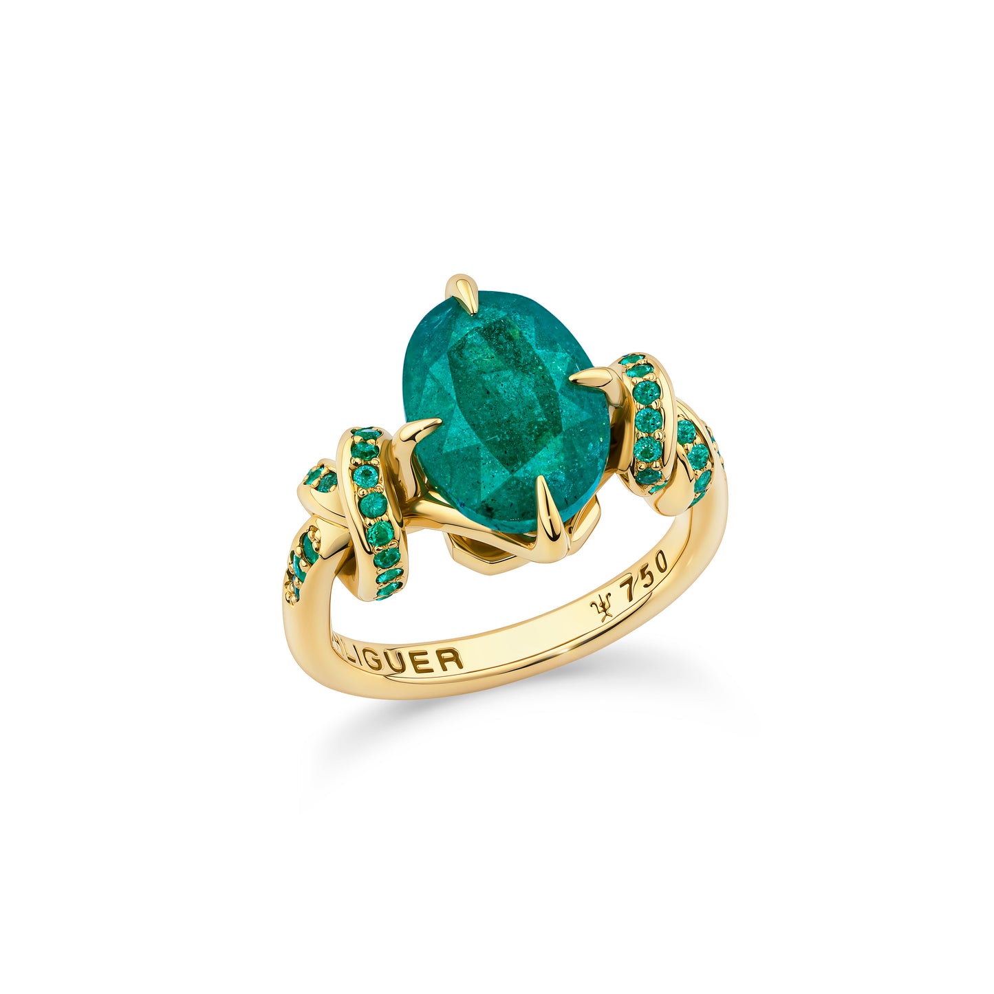 One of a Kind Oval Cut Emerald Forget Me Knot ring with Emeralds in 18ct yellow gold