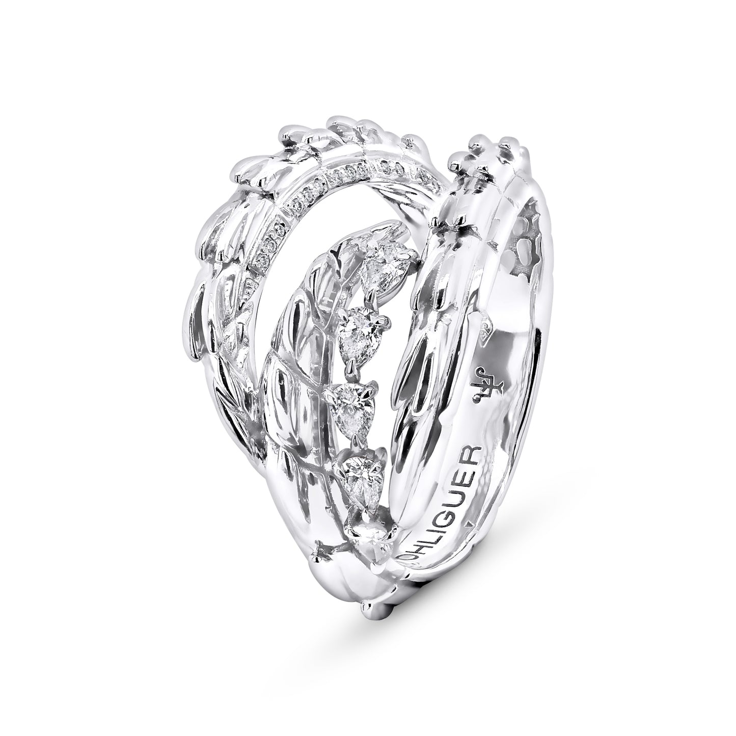 Tri Tail Croc Tail Ring with Pear Cut Diamonds in Platinum