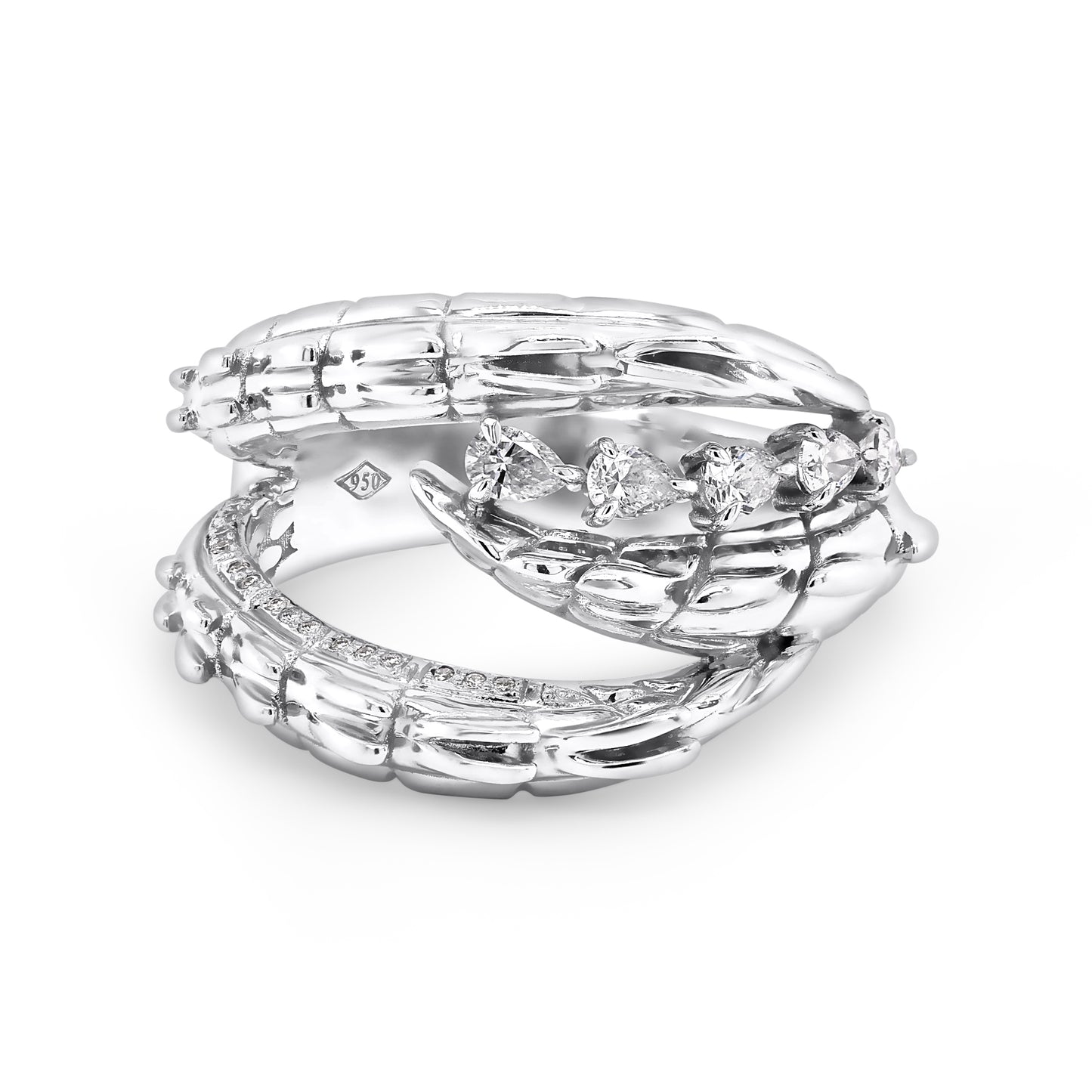 Tri Tail Croc Tail Ring with Pear Cut Diamonds in Platinum