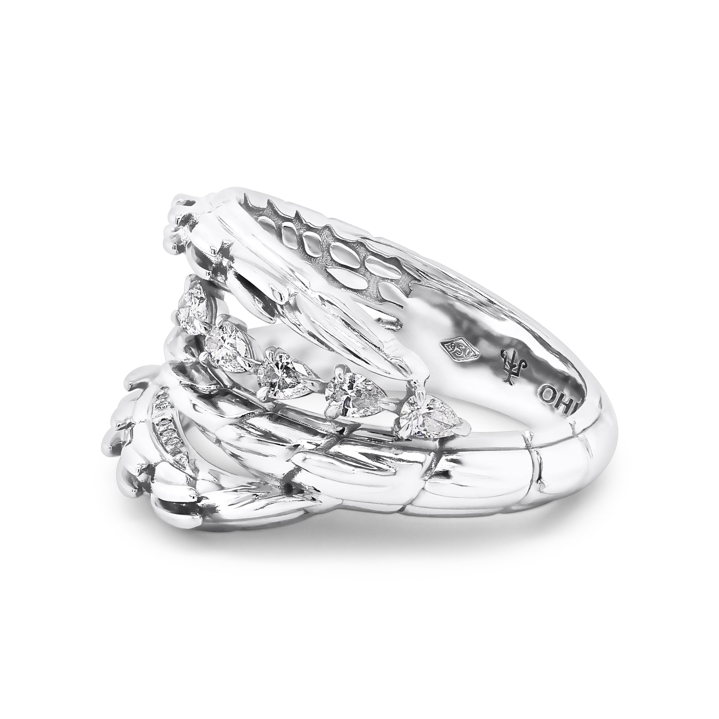 Tri Tail Croc Tail Ring with Pear Cut Diamonds in Platinum